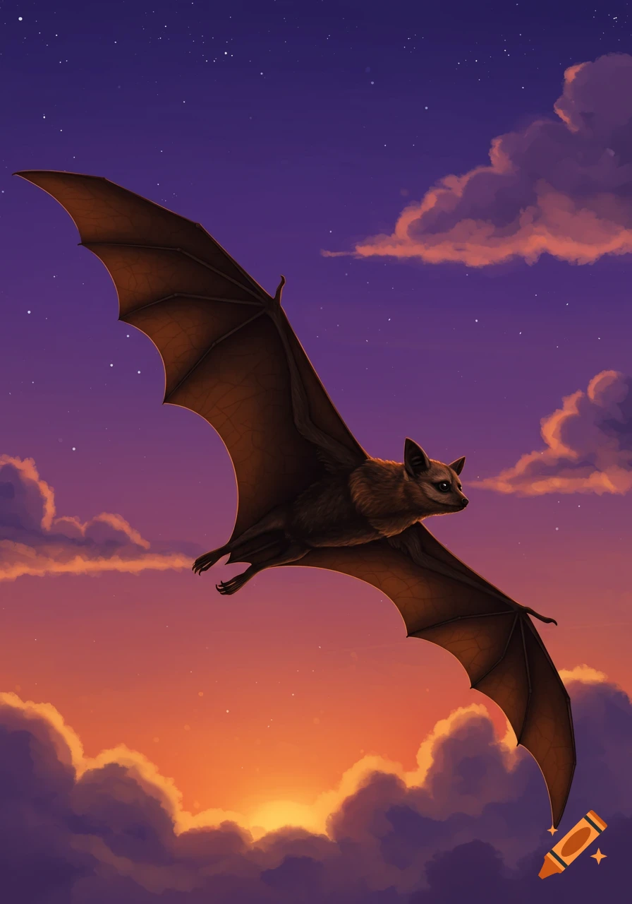 A brown bat with outstretched wings flies across a vibrant purple and orange sunset sky filled with clouds.