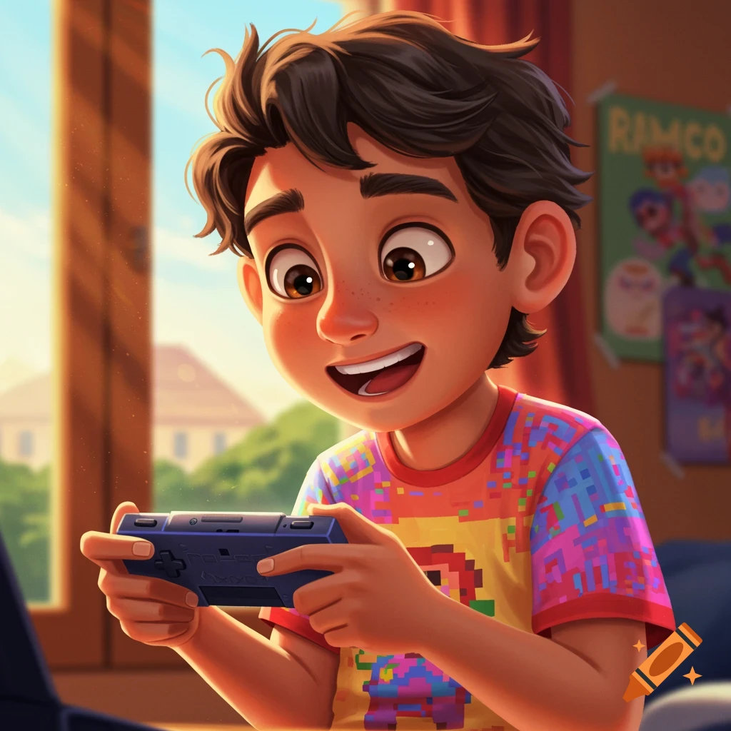 A smiling cartoon boy with brown hair playing a blue handheld gaming console in a brightly lit room.