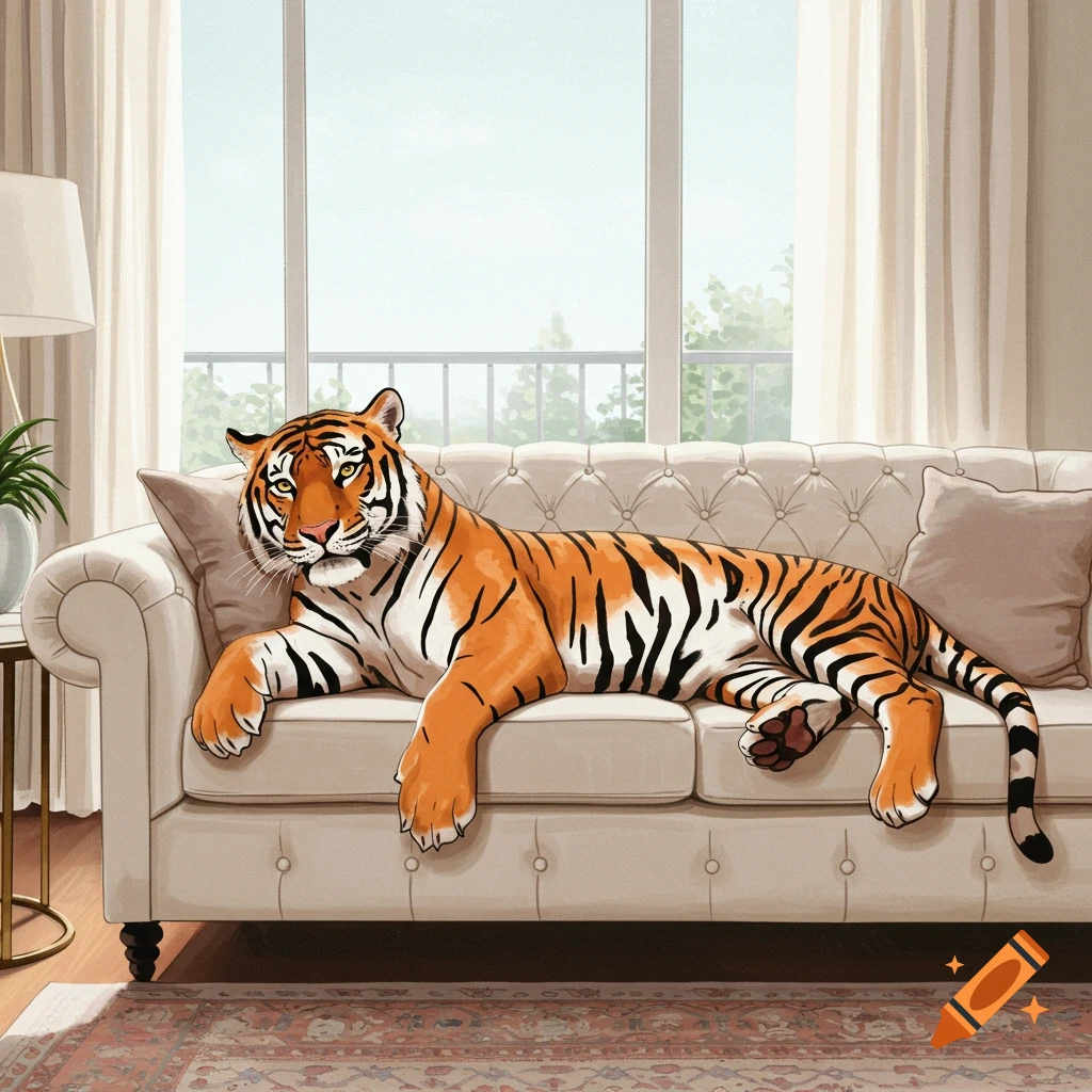 An illustrated tiger lounges on a cream-colored tufted sofa in a brightly lit room with a large window.
