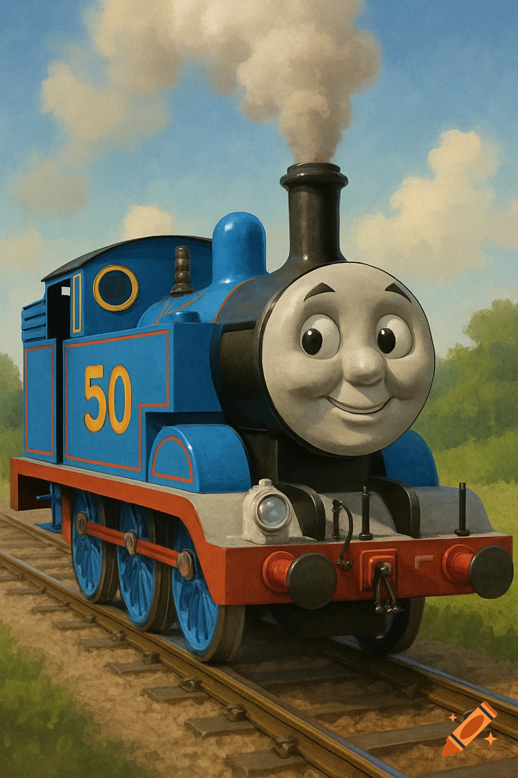 A blue cartoon train resembling Thomas the Tank Engine, numbered 50, smiles while on train tracks under a blue sky.