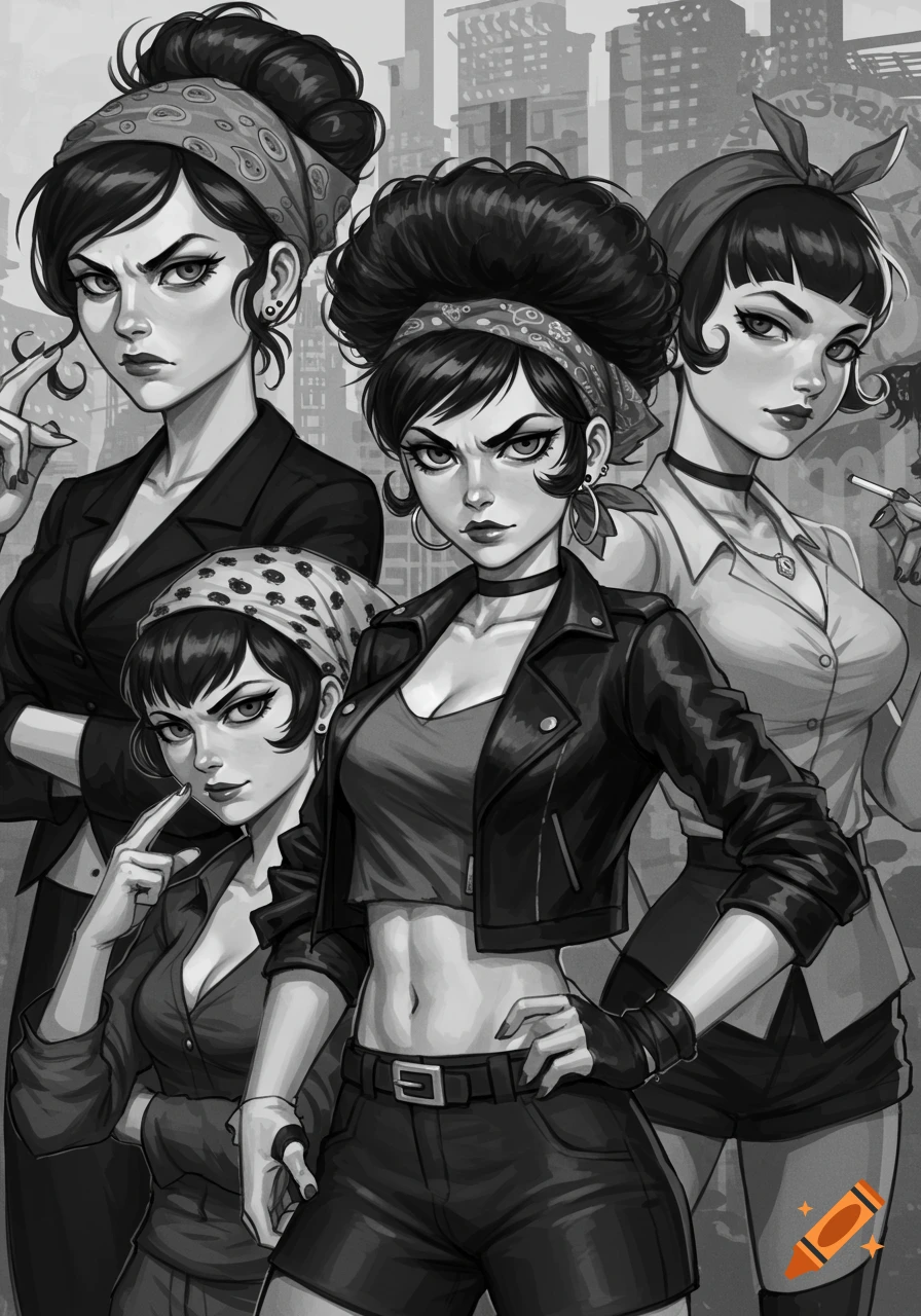 Four stylized women in 1950s/60s gangster attire against a city background, black and white anime art style.