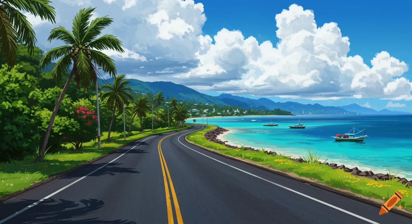 A scenic winding coastal road with palm trees, blue ocean, and mountains under a cloudy sky, in a painterly style.