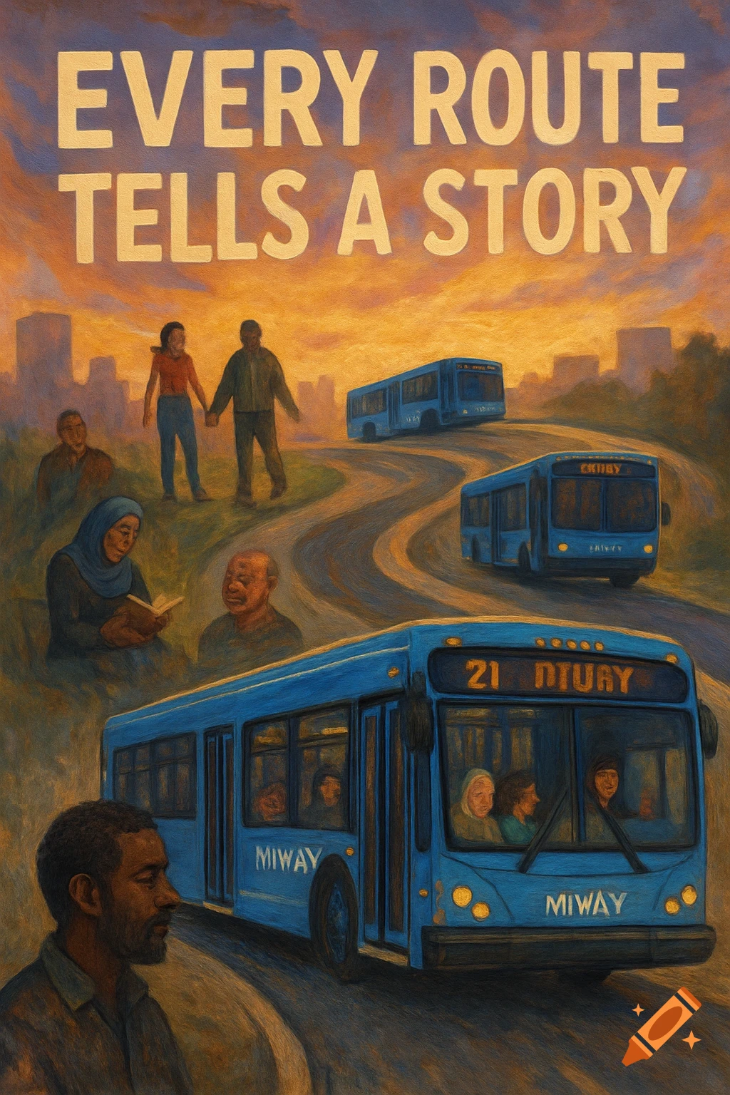 A painterly illustration depicting blue buses on winding roads with people in an urban landscape under an orange sky. Text reads "EVERY ROUTE TELLS A STORY."