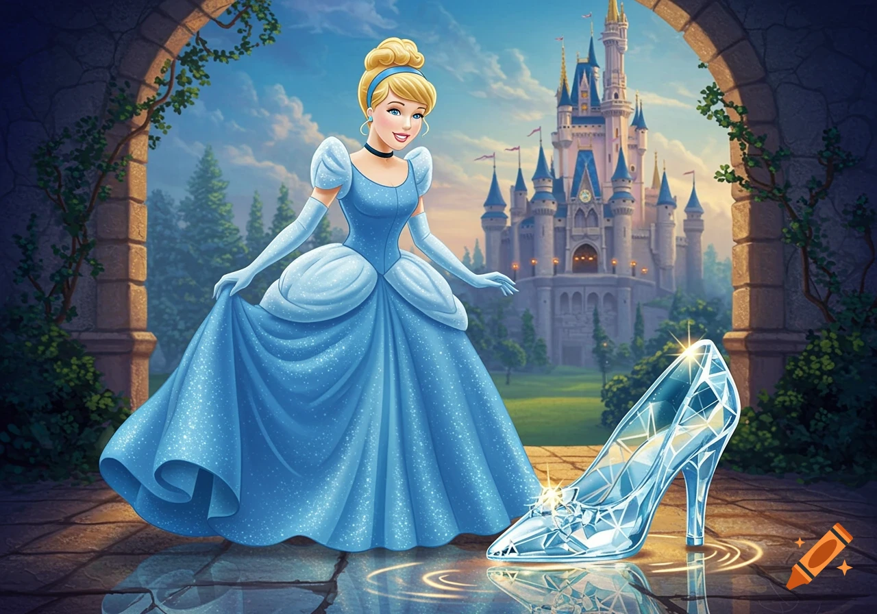 Cinderella in a blue ballgown stands near a shimmering glass slipper with a grand castle in the background, in an animated style.