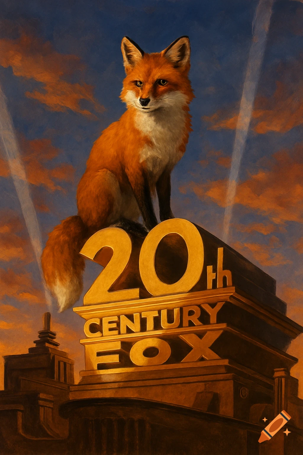 A red fox sits atop a golden '20th Century Fox' logo against an orange and blue sky with light rays, in a painterly style.