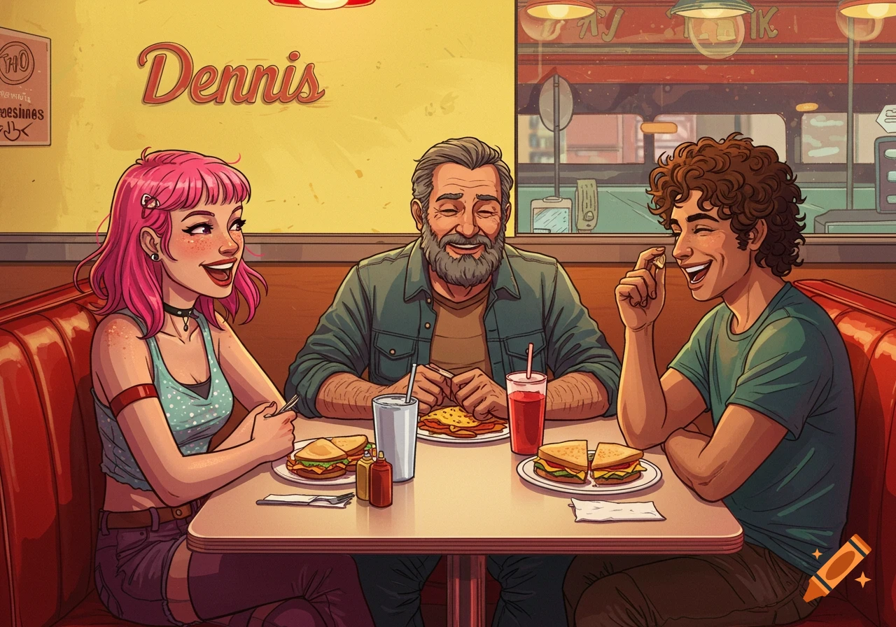 Three friends happily eating sandwiches and drinks at a diner, illustrated in a vibrant cartoon style.