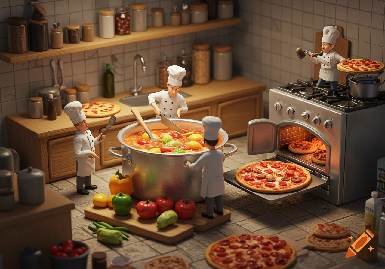 Miniature Pixar-style chefs cook in a kitchen, chopping vegetables, stirring soup, and baking pizzas.