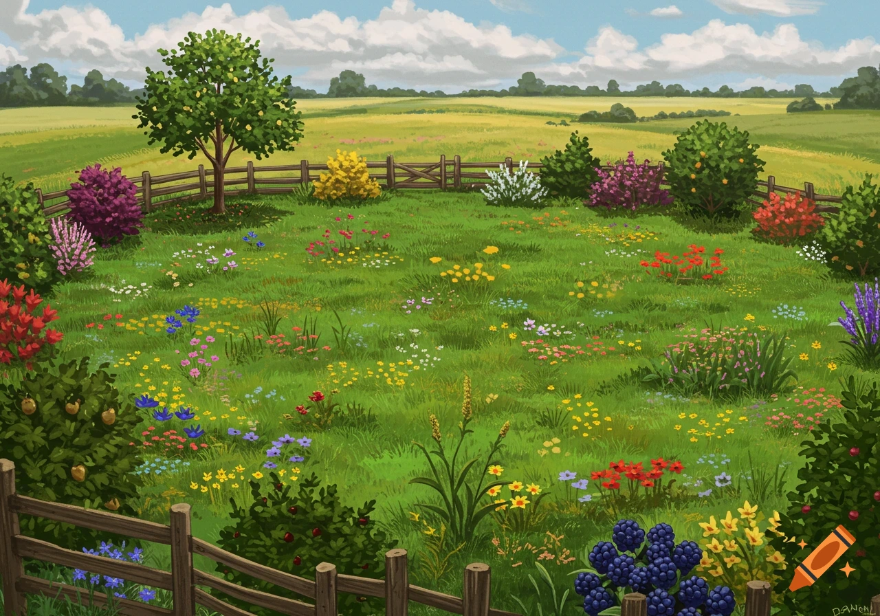 Vibrant illustration of an English garden with colorful flowers, fruit trees, and berry bushes inside a wooden fence, surrounded by fields under a cloudy sky.