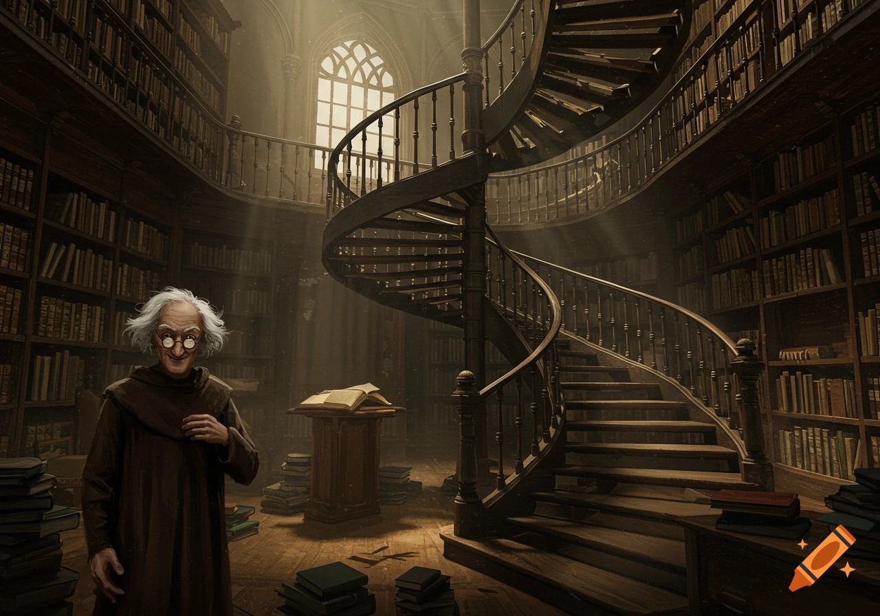 A freaky old man with white hair and glasses stands in a vast, dimly lit library with a grand spiral staircase and many bookshelves.