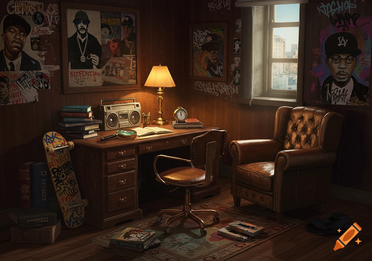 A richly decorated room combining a vintage study aesthetic with 90s hip-hop elements, featuring a large wooden desk, leather armchair, boombox, and graffiti-style posters.