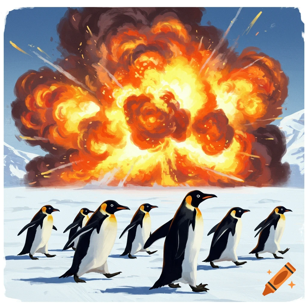 Illustrated penguins march through snow as a huge fiery explosion erupts behind them in an icy landscape.