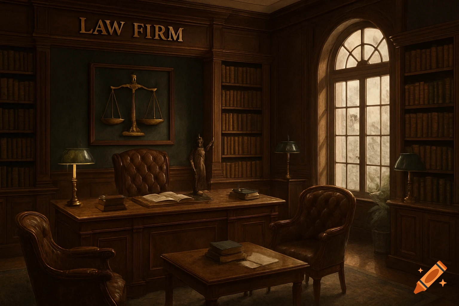 A grand, dark wooden law firm office with a desk, leather chairs, bookshelves, a framed scale of justice, and a large arched window.