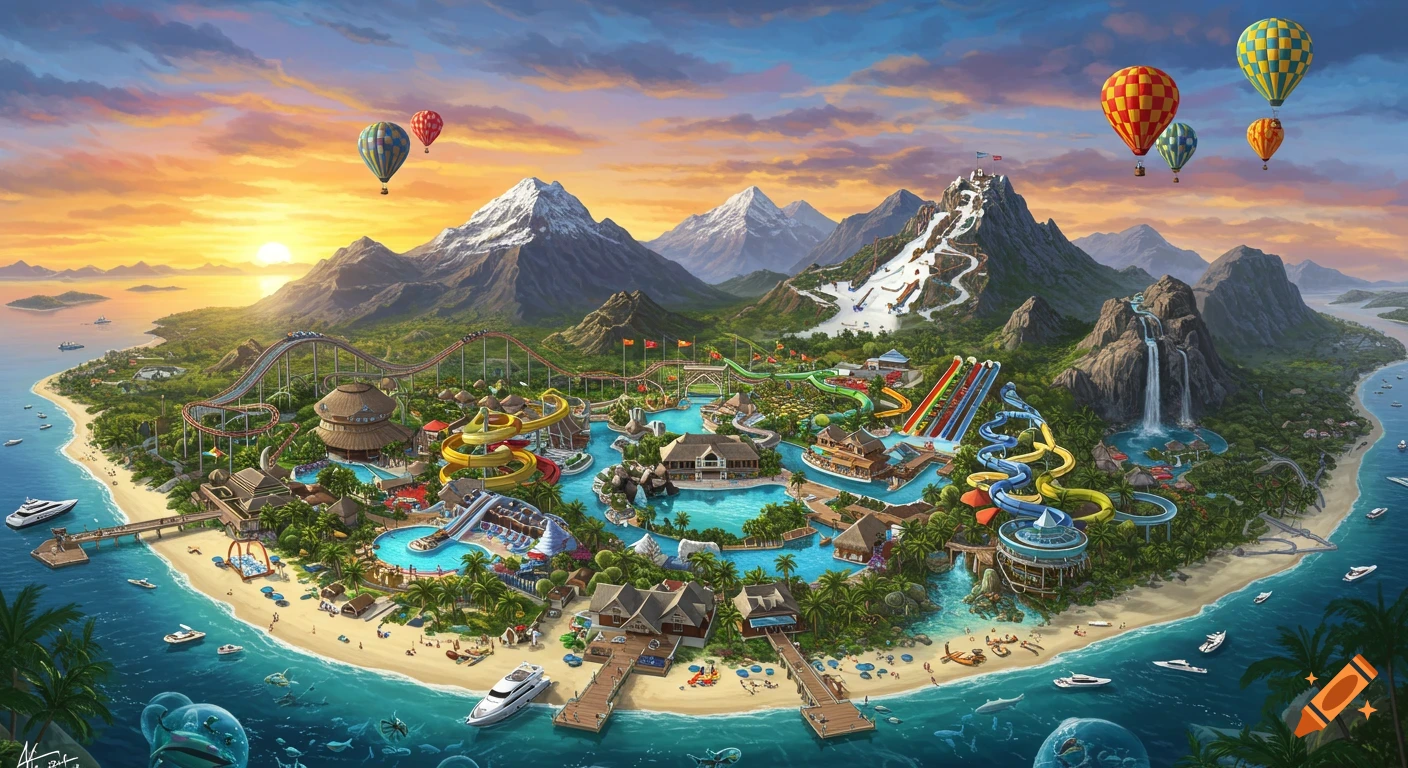 An expansive, colorful island resort with beaches, pools, roller coasters, water slides, snow-capped mountains, and hot air balloons at sunset.