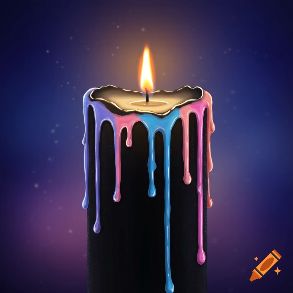 A stylized black candle with melted pink, blue, and purple wax dripping down its sides, burning brightly against a dark, starry background.