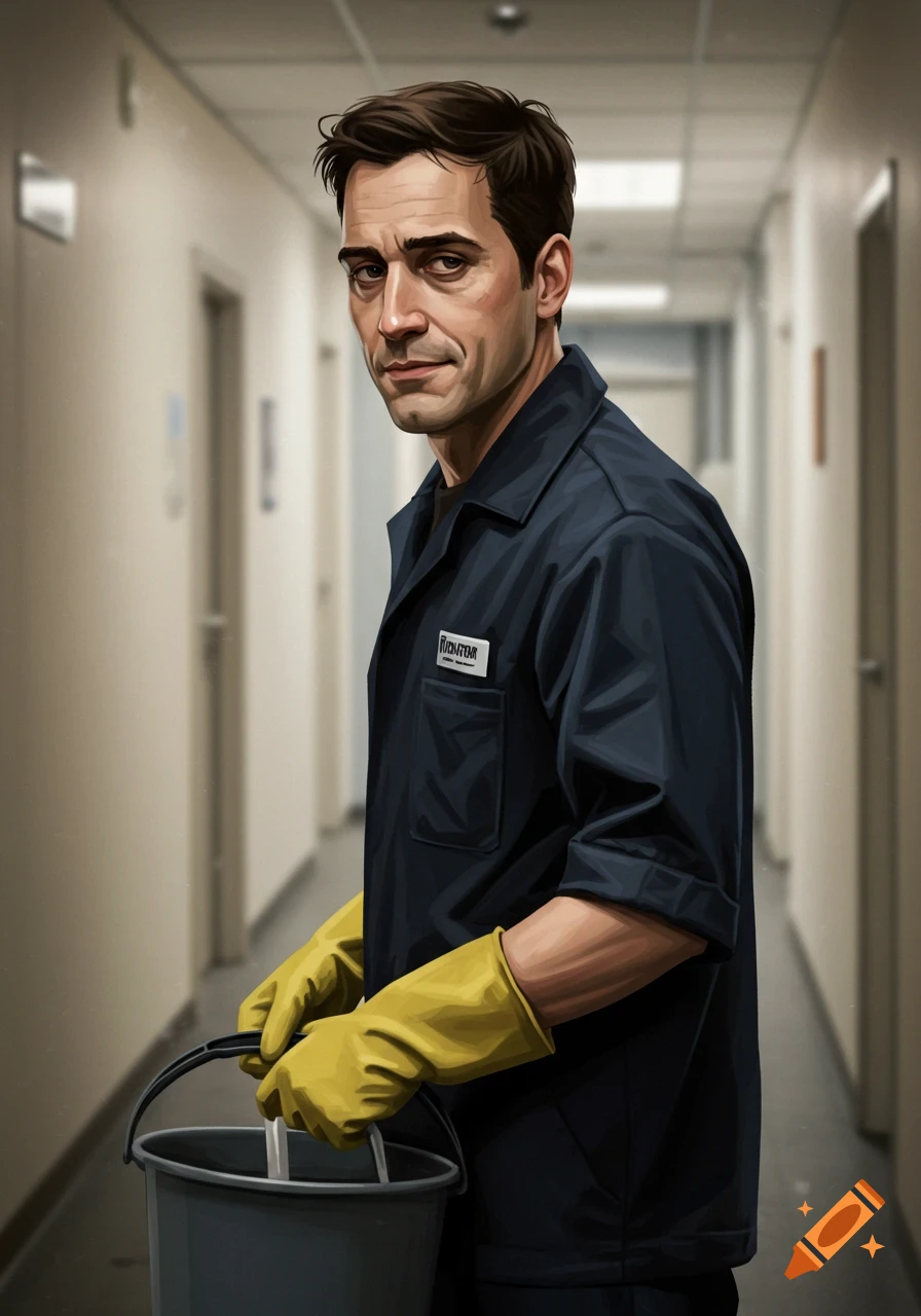 A realistically illustrated janitor stands in a hallway holding a cleaning bucket.