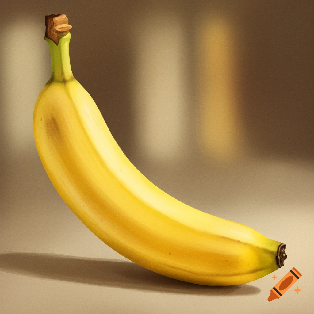 A realistic digital painting of a single ripe yellow banana on a muted background.