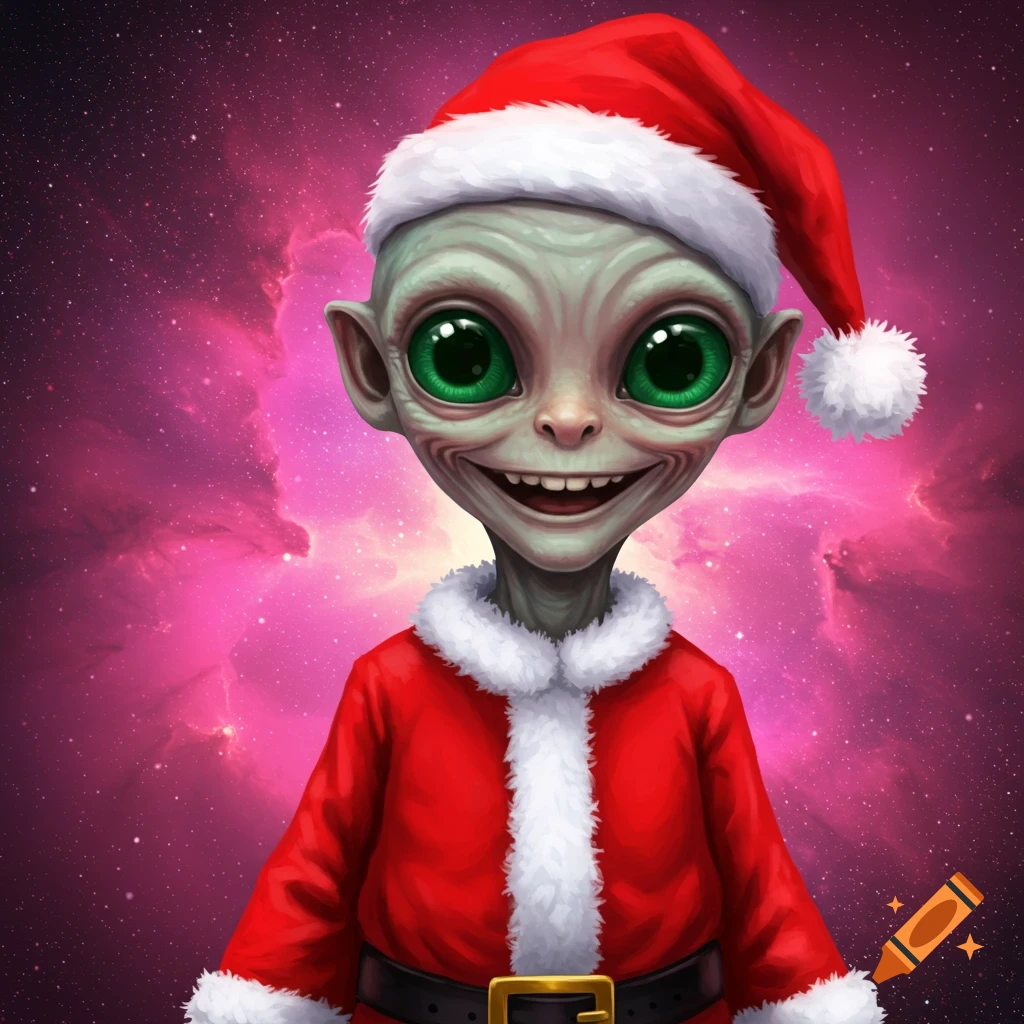 An alien creature with big green eyes wearing a Santa Claus hat and suit against a cosmic nebula background.