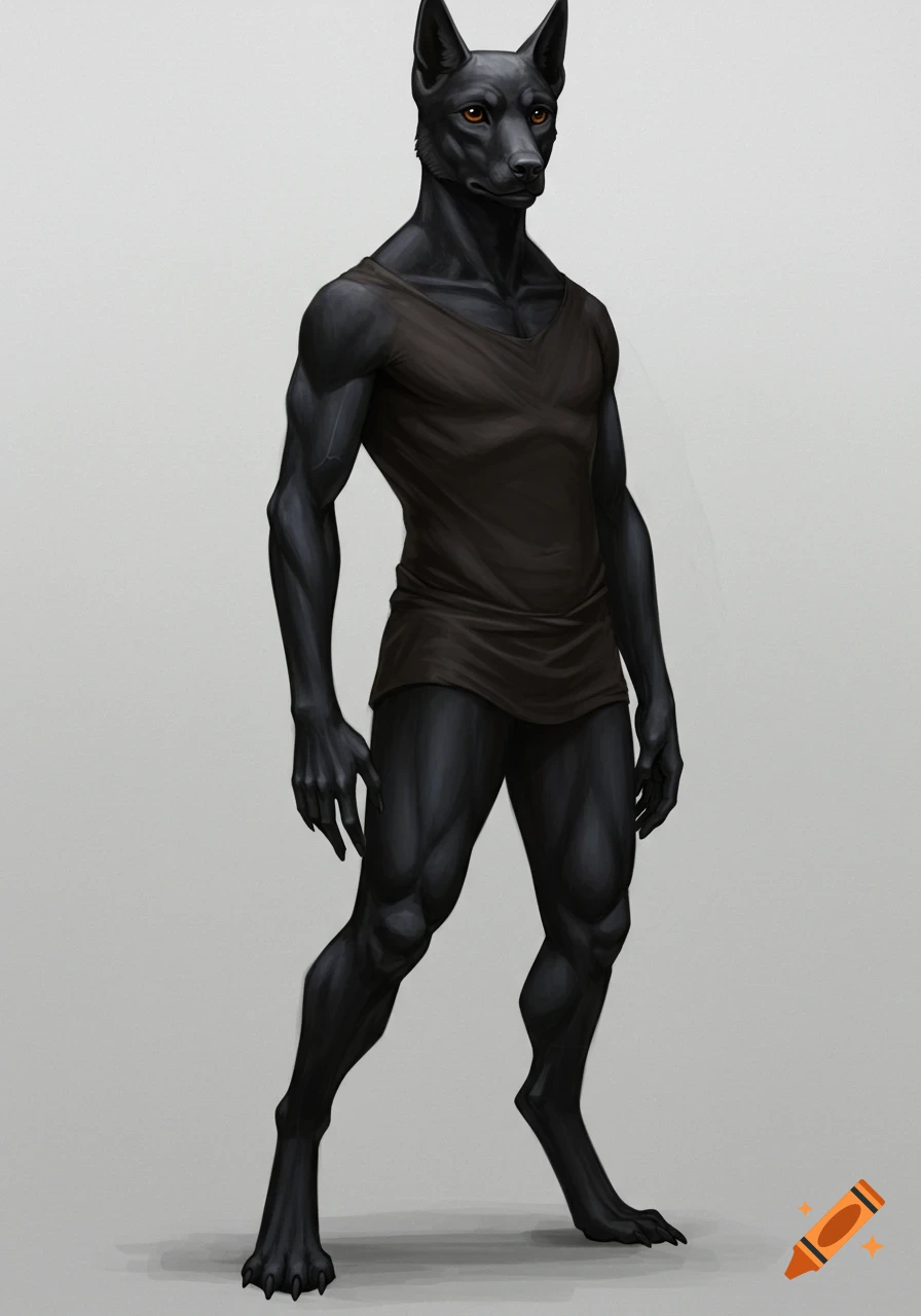 A tall, slender black humanoid dog character with amber eyes, wearing a dark brown tunic, standing against a light grey background.