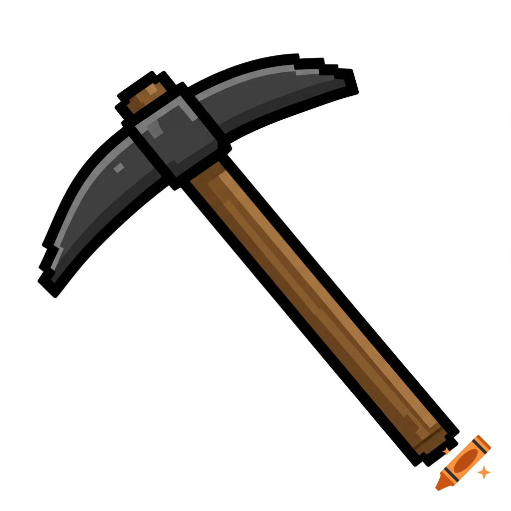 A pixel art pickaxe with a dark gray head and a brown handle on a white background.