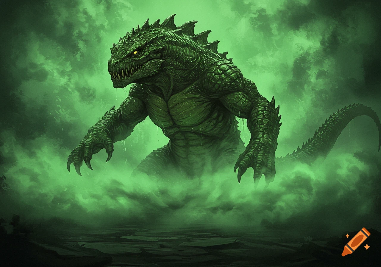 A large, green reptilian kaiju monster with glowing yellow eyes stands in a smoky, green fog.