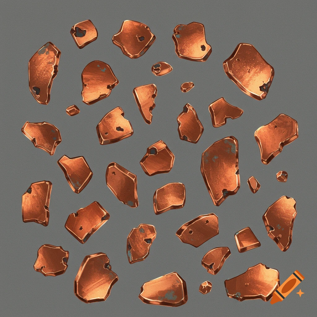 Numerous small, irregularly shaped pieces of shiny, reddish-brown copper are scattered across a flat gray background.