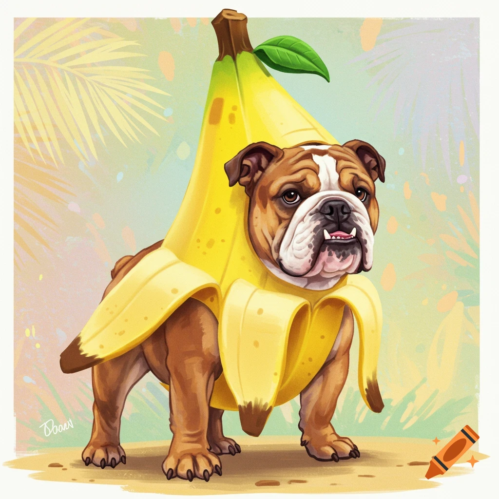 A cute brindle English bulldog wearing a yellow banana costume stands in a tropical setting.