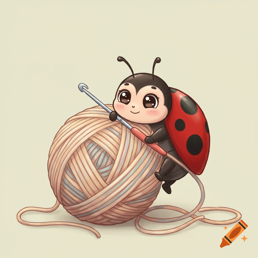 Cute cartoon ladybug on a ball of yarn holding a crochet hook.