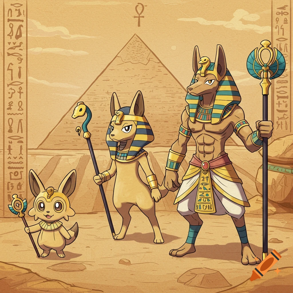Three bipedal dog-like creatures in Egyptian pharaoh attire, holding staffs, stand in a desert with a pyramid and hieroglyphs.