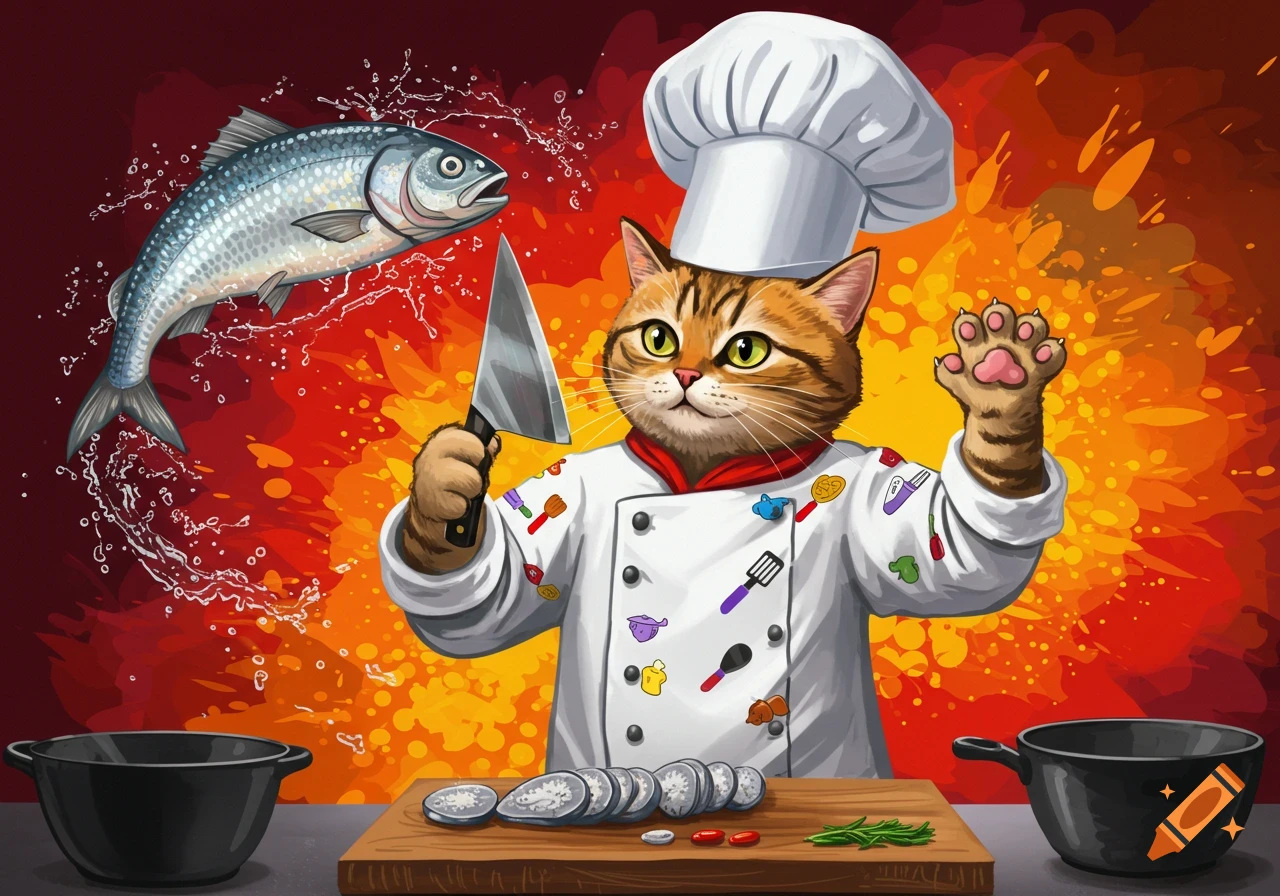 A cartoon cat chef in a white hat and coat holds a knife, preparing to chop a fish floating in mid-air above a cutting board with sliced food.