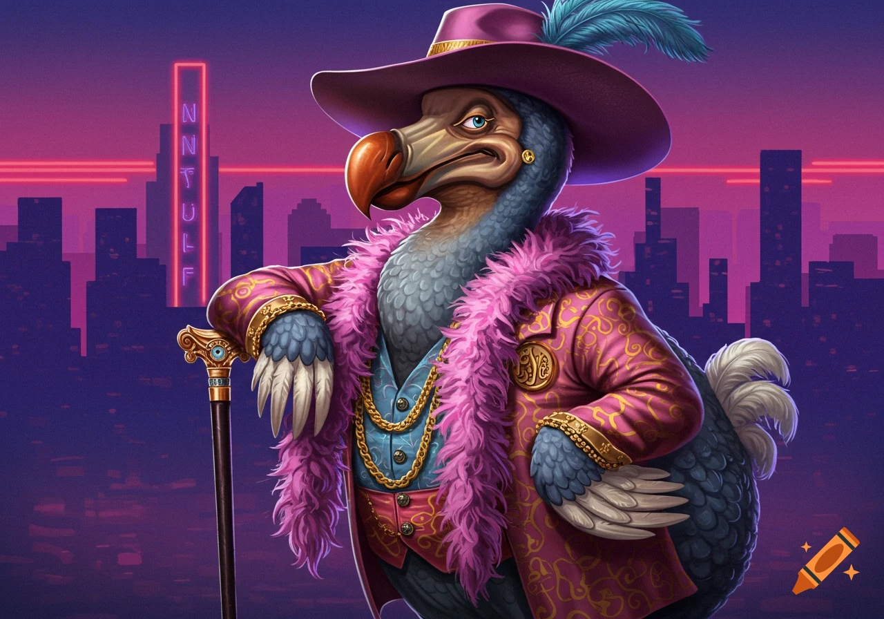 A vibrant, anthropomorphic dodo dressed in a pink pimp coat and hat with a feather, leaning on a cane in a neon city.