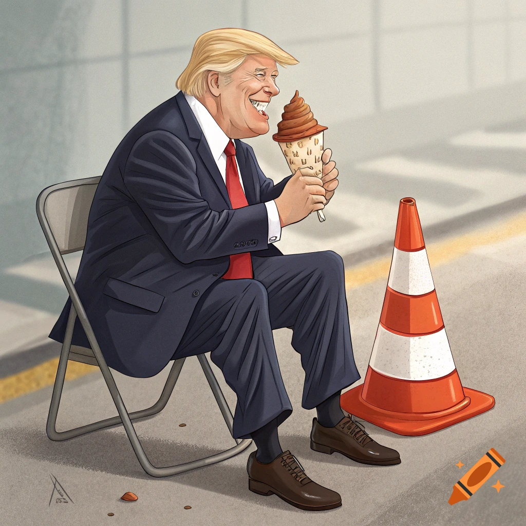 Donald Trump sits on a folding chair, happily eating a brown ice cream cone, with a traffic cone beside him.