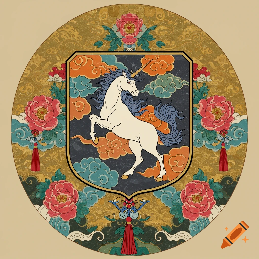 A white unicorn rearing in an ornate shield crest with clouds, surrounded by red peonies and tassels in a circular gold traditional Asian art frame.