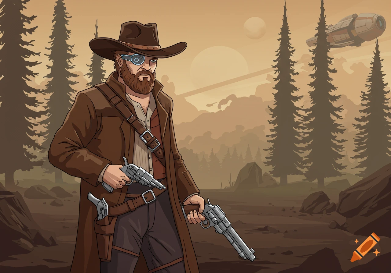Vector art of a bearded space cowboy with an eyepatch, holding two sci-fi revolvers on an alien planet with trees and a spaceship.