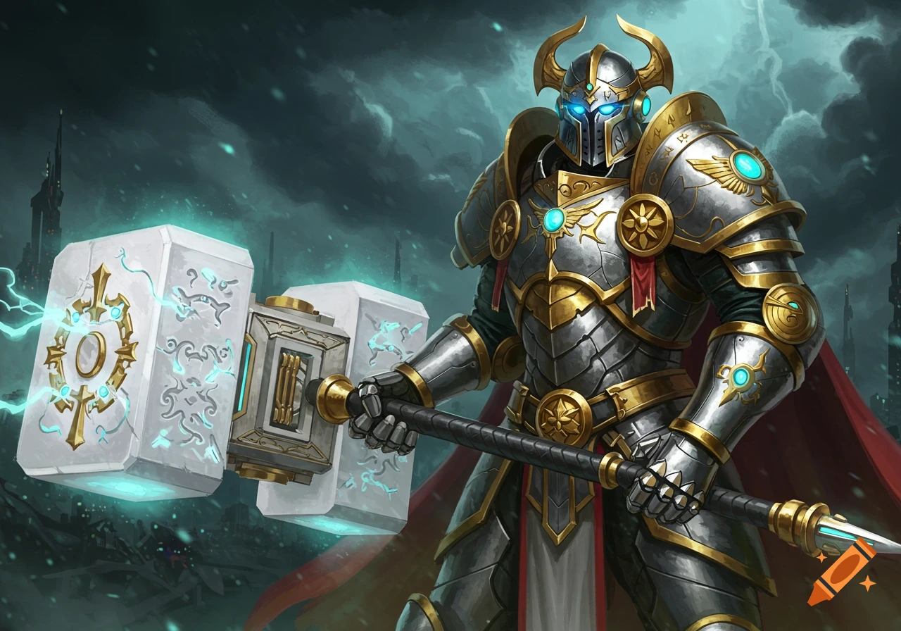 A mecha-paladin in ornate golden and silver armor holds a glowing futuristic warhammer, standing against a dark, futuristic cityscape.