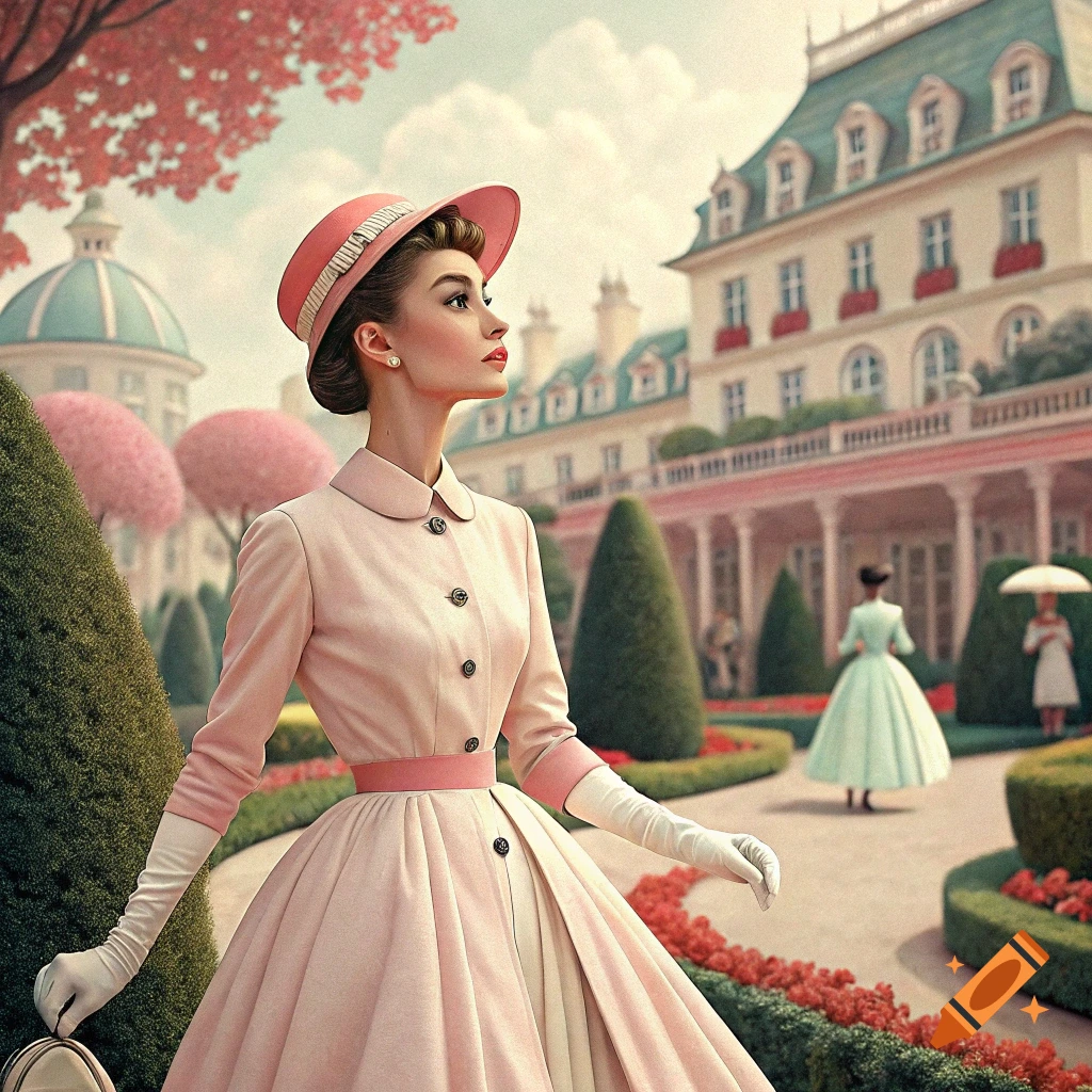 Audrey Hepburn in a pink dress and hat stands in a meticulously styled garden with a grand building, in a painterly Wes Anderson style.