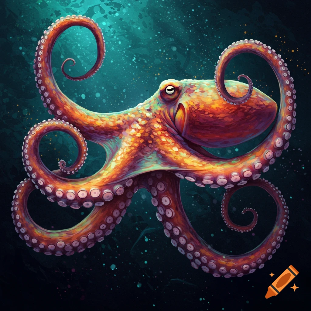 A vibrant, colorful octopus with large suckers swims in dark, teal-blue water, rendered in an illustrative style.