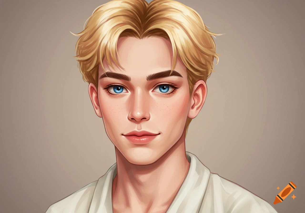 A digital art portrait of a young man with blonde hair and blue eyes, light skin, and a subtle smile.