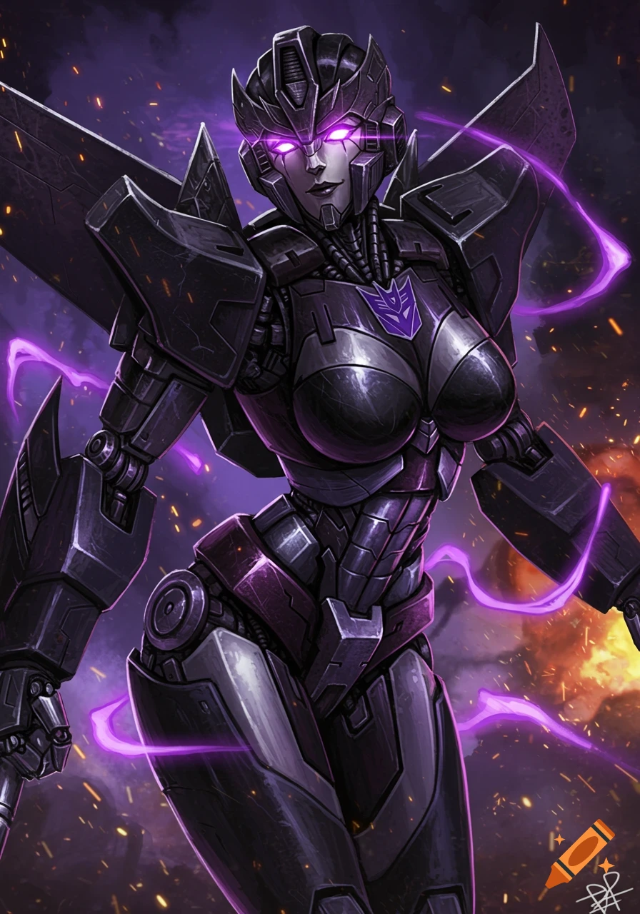 A female Decepticon Transformer, Nightshade, in black and purple armor with glowing purple eyes, against a fiery background in a digital art style.