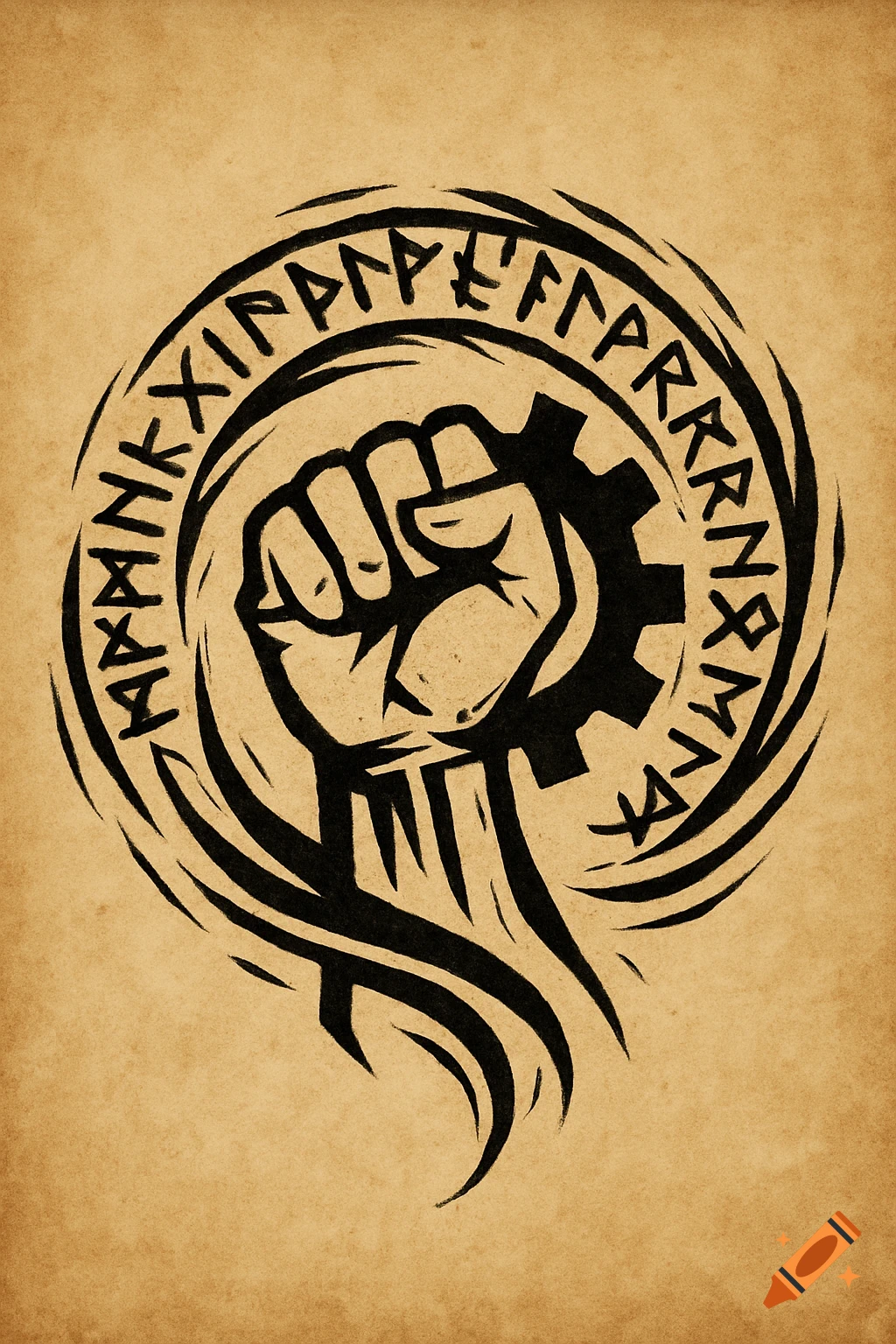A stylized black ink drawing on parchment. A strong fist clutches a broken gear, surrounded by a circular swirl of runic script.