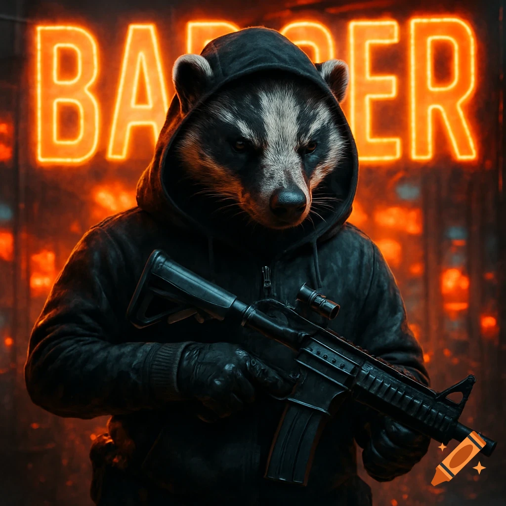 A fierce anthropomorphic badger in a dark hoodie holds a tactical rifle against a neon 'BADGER' sign, in a gritty digital art style.