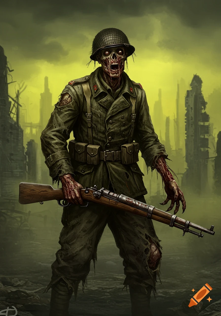 A detailed illustration of a zombie soldier in a tattered military uniform and helmet, holding a rifle amidst a ruined city under a sickly yellow sky.