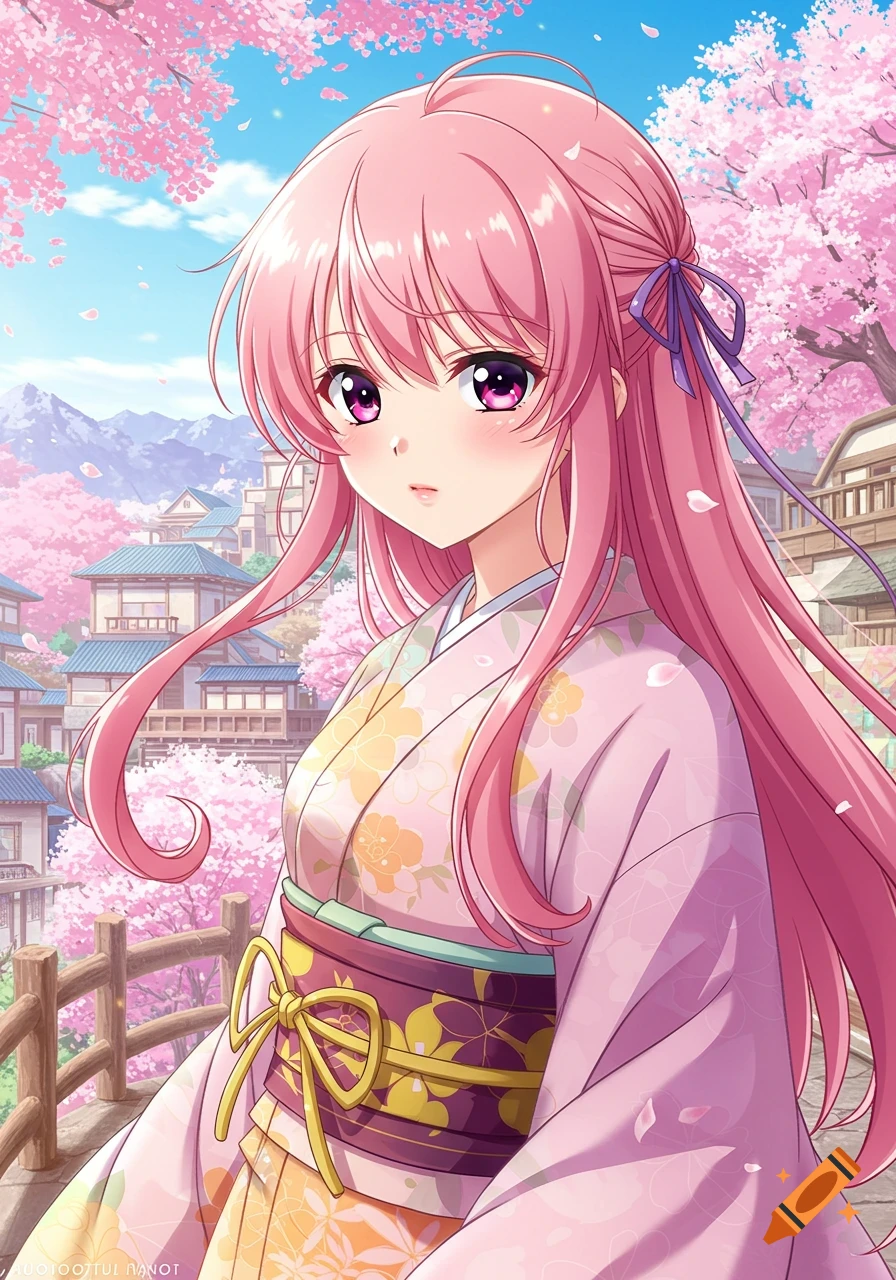 An anime girl with long pink hair and purple eyes wears a pink floral kimono, standing under blooming cherry blossom trees in a traditional Japanese village.