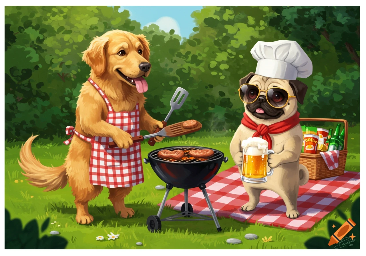 Cartoon Golden Retriever and Pug barbecue sausages in a grassy park, the Pug holding a beer.