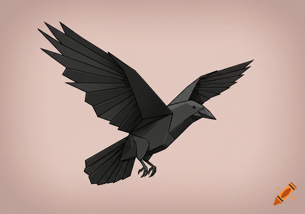 A stylized black crow in a geometric paper-like style, flying with outstretched wings against a light pink background.