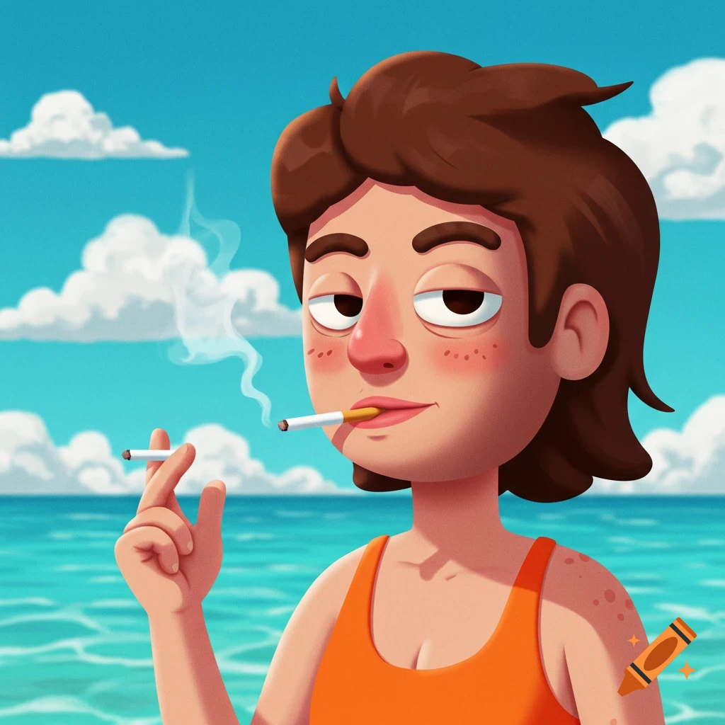 Animated person with brown hair in an orange swimsuit smoking a cigarette at the beach.