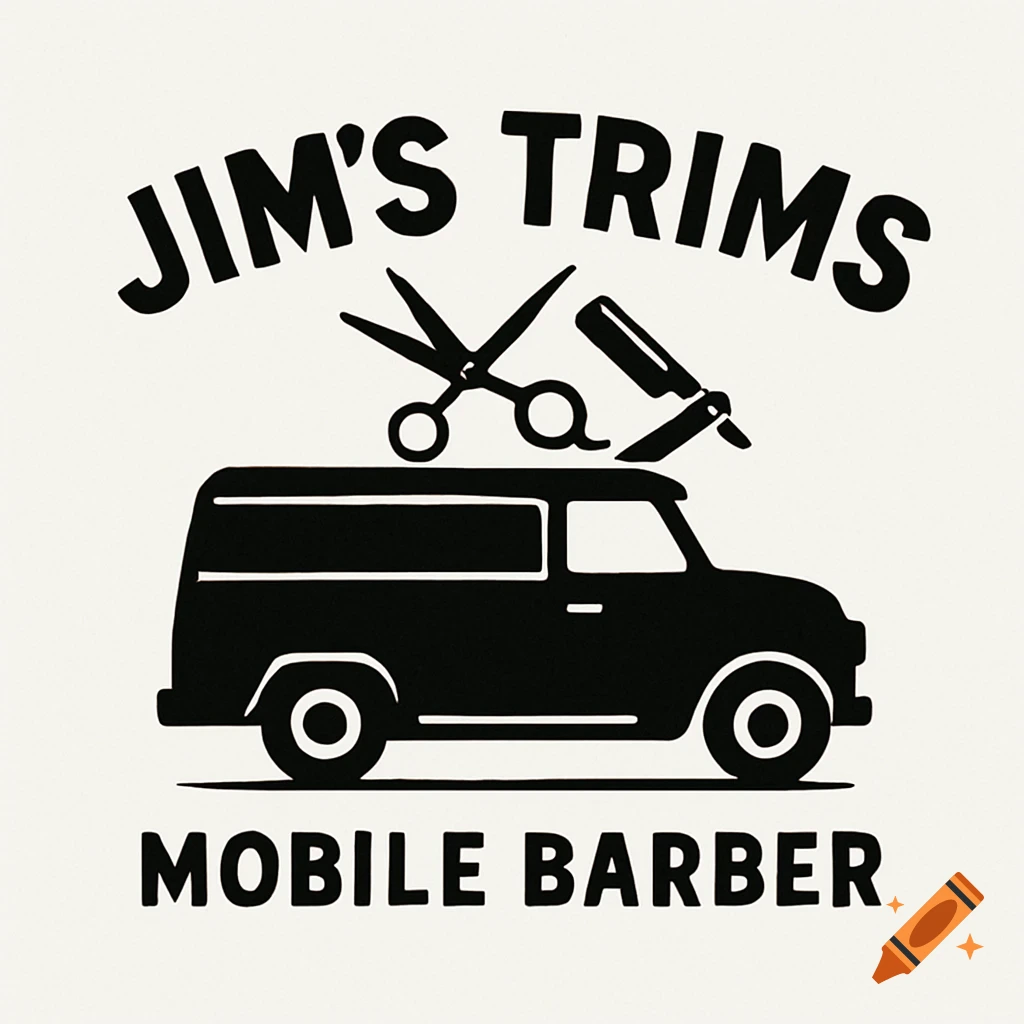 Black and white logo for Jim's Trims Mobile Barber, featuring a van silhouette with barber scissors and a straight razor.