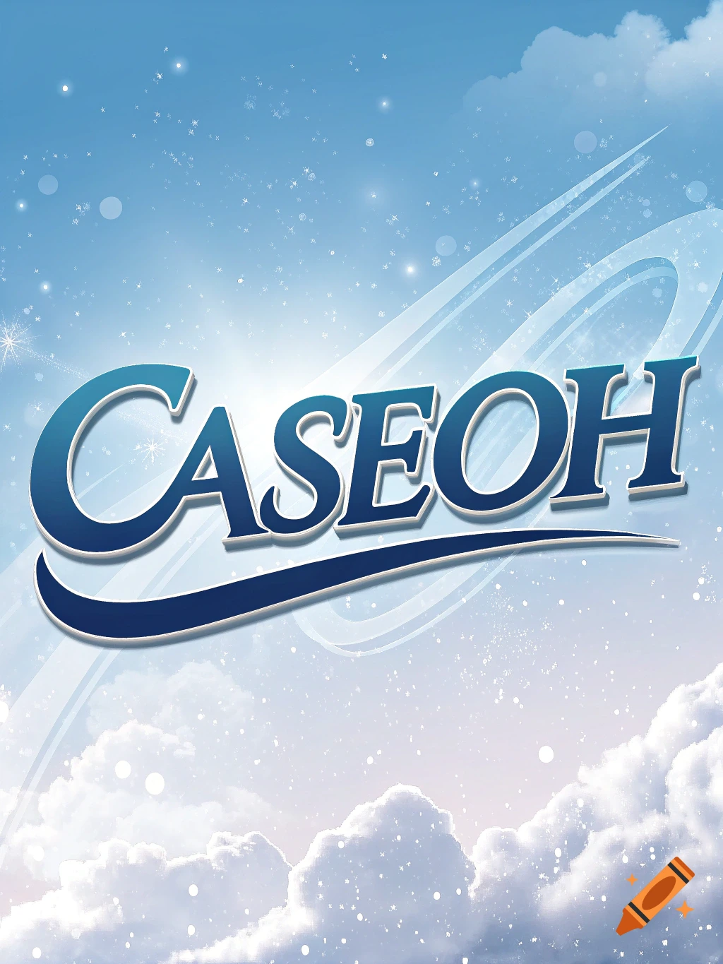 Stylized blue and white 'CASEOH' text against a dreamy light blue sky with faint clouds and sparkling elements.