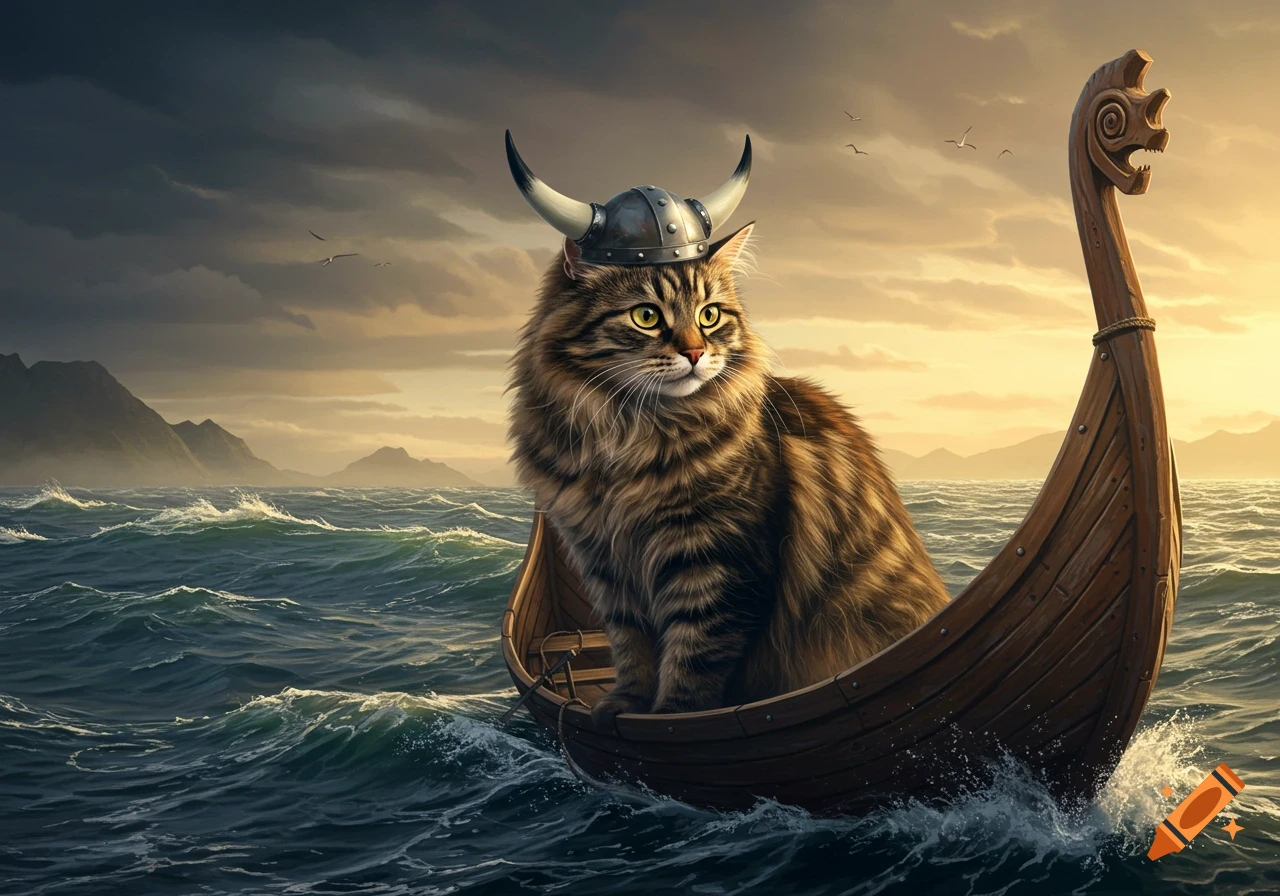 A realistic tabby cat wearing a horned viking helmet sits in a longboat on a rough sea under a dramatic, cloudy sky.