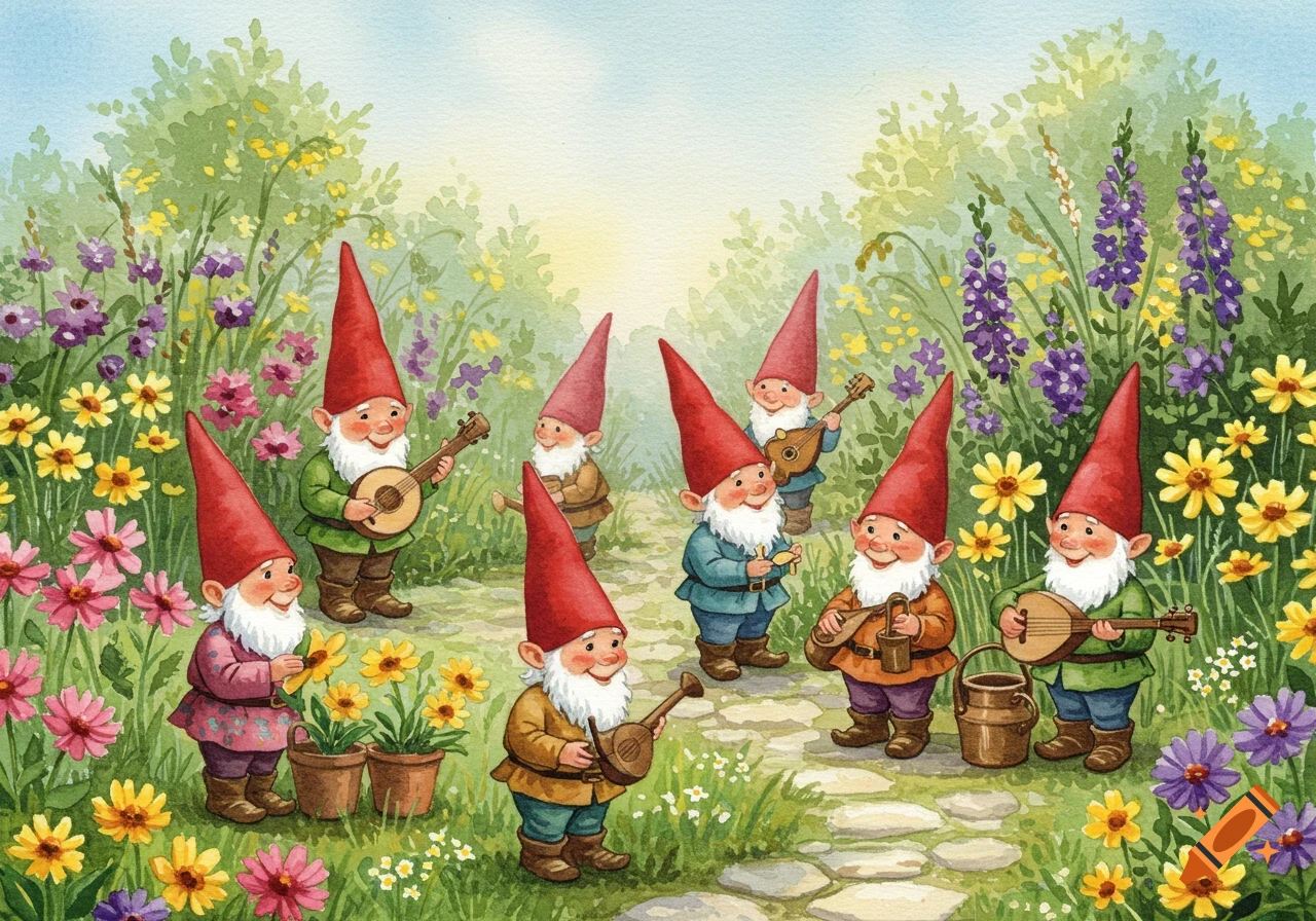 A whimsical watercolor painting depicts a group of smiling gnomes with red hats playing musical instruments and tending flowers along a garden path.
