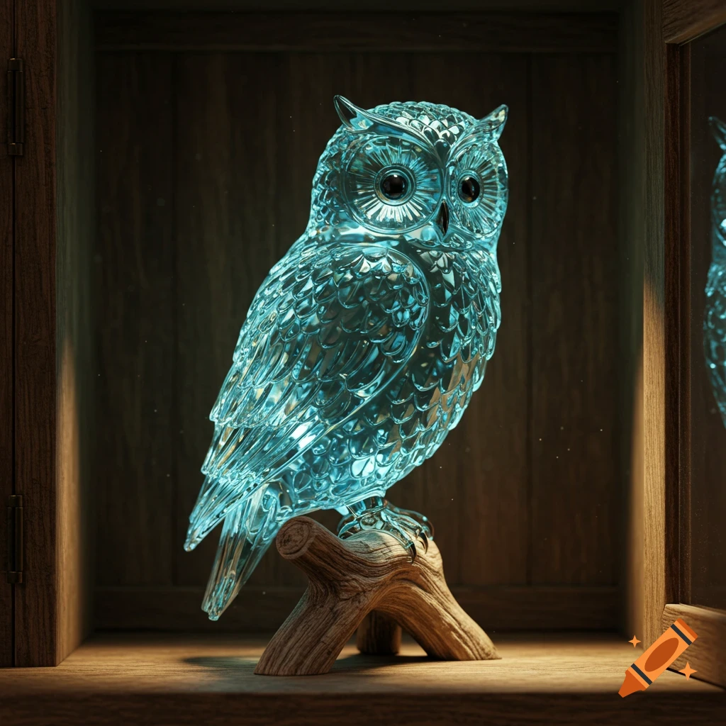 A glowing, translucent crystalline glass owl figurine perched on a wooden branch inside a dimly lit wooden cabinet.